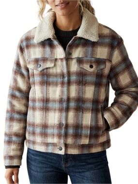 Lucky Brand Plaid Sherpa-Trim Jacket in Cream, Brown & Blue Size XL